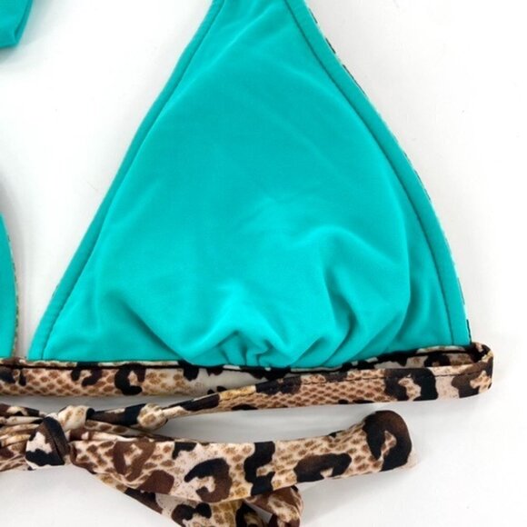 Reversible Halter Tie Bikini Top Junior Sz S Tan Black Animal Print Teal FLAW - Picture 13 of 15